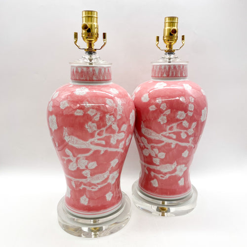 lamps, lamps store, lighting store, Dallas lampshade store, Dallas lamps, interior design Dallas, lampshade store, lampshades Dallas, ceramic lamp, glazed ceramic lamp, vase lamp, acrylic stand, acrylic base, clear acrylic, decorative lamp, miniature lamp, pink and white, pink and white lamp
