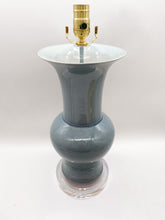 Load image into Gallery viewer, blue/grey lamp, light blue/grey lamp, ceramic lamp, steel blue lamp, powder blue lamp, glazed ceramic, bell jar vase lamp, acrylic base, acrylic lid, Dallas lamp store, lamp store Dallas, lampshades Dallas, Dallas lampshades