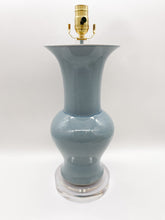Load image into Gallery viewer, blue/grey lamp, light blue/grey lamp, ceramic lamp, steel blue lamp, powder blue lamp, glazed ceramic, bell jar vase lamp, acrylic base, acrylic lid, Dallas lamp store, lamp store Dallas, lampshades Dallas, Dallas lampshades