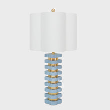 Load image into Gallery viewer, blue, acrylic, gold, gold leaf, clover shape, light blue, stacked acrylic, quatrefoil, tablelamp
