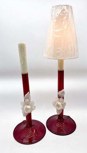 Red Murano Candlestick Lamp w/ Floral Bloom