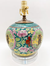 Load image into Gallery viewer, tablelamp, ceramic lamp, oriental lamp, famille vert, rose famille, antique ceramic, acrylic base, pink lamp, green lamp, yellow lamp, traditional Chinese lamp, vintage lamp, bronze cap, table lamp, antique Chinese ceramic, Dallas lamp store, Dallas lampshade store