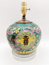 Load image into Gallery viewer, tablelamp, ceramic lamp, oriental lamp, famille vert, rose famille, antique ceramic, acrylic base, pink lamp, green lamp, yellow lamp, traditional Chinese lamp, vintage lamp, bronze cap, table lamp, antique Chinese ceramic, Dallas lamp store, Dallas lampshade store