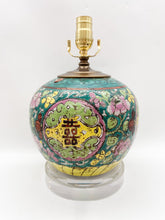 Load image into Gallery viewer, tablelamp, ceramic lamp, oriental lamp, famille vert, rose famille, antique ceramic, acrylic base, pink lamp, green lamp, yellow lamp, traditional Chinese lamp, vintage lamp, bronze cap, table lamp, antique Chinese ceramic, Dallas lamp store, Dallas lampshade store
