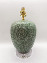 Load image into Gallery viewer, ceramic lamp, green lamp, glazed ceramic, floral pattern, floral relief, sage green, Dallas lamp store, Dallas lamp shop, Dallas lampshade store, lampshades Dallas