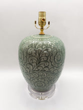 Load image into Gallery viewer, ceramic lamp, green lamp, glazed ceramic, floral pattern, floral relief, sage green, Dallas lamp store, Dallas lamp shop, Dallas lampshade store, lampshades Dallas