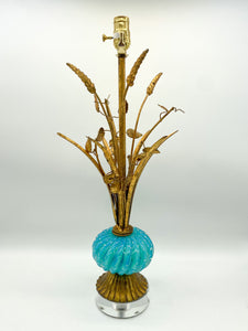 Blue Murano/Gold Wheat Table Lamp. 21.5in. tall (to harp saddle)