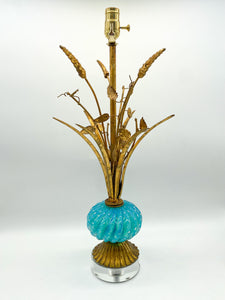 Blue Murano/Gold Wheat Table Lamp. 21.5in. tall (to harp saddle)