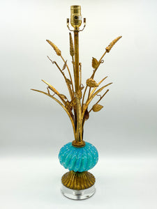 Blue Murano/Gold Wheat Table Lamp. 21.5in. tall (to harp saddle)