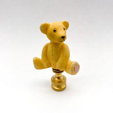 Load image into Gallery viewer, vintage porcelain bear lamp finial, teddy bear lamp finial detail, yellow porcelain bear finial with brass base, vintage teddy bear lamp topper, ceramic bear lamp finial with painted details, decorative bear finial for table lamp, collectible porcelain bear lamp finial, whimsical teddy bear lamp finial accent, classic bear figurine lamp finial, vintage style lamp finial with bear design, porcelain teddy bear with brass lamp finial base, playful bear lamp finial decor, neutral vintage bear finial for lamp, d