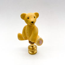 Load image into Gallery viewer, vintage porcelain bear lamp finial, teddy bear lamp finial detail, yellow porcelain bear finial with brass base, vintage teddy bear lamp topper, ceramic bear lamp finial with painted details, decorative bear finial for table lamp, collectible porcelain bear lamp finial, whimsical teddy bear lamp finial accent, classic bear figurine lamp finial, vintage style lamp finial with bear design, porcelain teddy bear with brass lamp finial base, playful bear lamp finial decor, neutral vintage bear finial for lamp, d