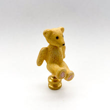 Load image into Gallery viewer, vintage porcelain bear lamp finial, teddy bear lamp finial detail, yellow porcelain bear finial with brass base, vintage teddy bear lamp topper, ceramic bear lamp finial with painted details, decorative bear finial for table lamp, collectible porcelain bear lamp finial, whimsical teddy bear lamp finial accent, classic bear figurine lamp finial, vintage style lamp finial with bear design, porcelain teddy bear with brass lamp finial base, playful bear lamp finial decor, neutral vintage bear finial for lamp, d