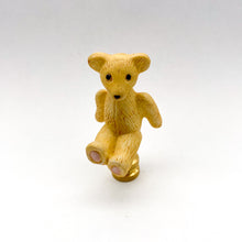 Load image into Gallery viewer, vintage porcelain bear lamp finial, teddy bear lamp finial detail, yellow porcelain bear finial with brass base, vintage teddy bear lamp topper, ceramic bear lamp finial with painted details, decorative bear finial for table lamp, collectible porcelain bear lamp finial, whimsical teddy bear lamp finial accent, classic bear figurine lamp finial, vintage style lamp finial with bear design, porcelain teddy bear with brass lamp finial base, playful bear lamp finial decor, neutral vintage bear finial for lamp, 