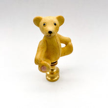 Load image into Gallery viewer, vintage porcelain bear lamp finial, teddy bear lamp finial detail, yellow porcelain bear finial with brass base, vintage teddy bear lamp topper, ceramic bear lamp finial with painted details, decorative bear finial for table lamp, collectible porcelain bear lamp finial, whimsical teddy bear lamp finial accent, classic bear figurine lamp finial, vintage style lamp finial with bear design, porcelain teddy bear with brass lamp finial base, playful bear lamp finial decor, neutral vintage bear finial for lamp, 