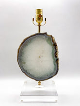 Load image into Gallery viewer, agate slab lamp, agate slab, agate slice, crystal, quartz, crystal quartz, selenite, inclusion, quartzite, mineral, minerals, Dallas lamp store, Dallas lighting store, acrylic base, lampshade, lampshades, Dallas lampshades, Dallas lamps
