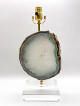 Load image into Gallery viewer, agate slab lamp, agate slab, agate slice, crystal, quartz, crystal quartz, selenite, inclusion, quartzite, mineral, minerals, Dallas lamp store, Dallas lighting store, acrylic base, lampshade, lampshades, Dallas lampshades