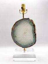 Load image into Gallery viewer, agate slab lamp, agate slab, agate slice, crystal, quartz, crystal quartz, selenite, inclusion, quartzite, mineral, minerals, Dallas lamp store, Dallas lighting store, acrylic base, lampshade, lampshades, Dallas lampshades
