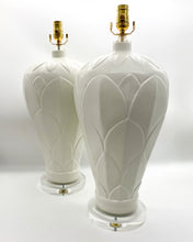 Load image into Gallery viewer, lamps, lamps store, lighting store, Dallas lampshade store, Dallas lamps, interior design Dallas, lampshade store, lampshades Dallas, white lamps, ivory lamps, tropical lamps, beach house lamp, nature lamp, leaf detail, leaf lamp, acrylic base