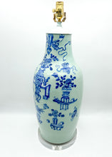 Load image into Gallery viewer, Vintage Celadon Vase Lamp with Blue &amp; White Design, ~32&quot;