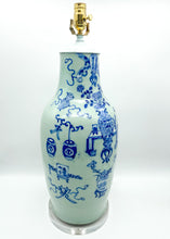 Load image into Gallery viewer, Vintage Celadon Vase Lamp with Blue &amp; White Design, ~32&quot;