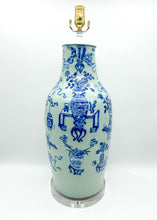 Load image into Gallery viewer, Vintage Celadon Vase Lamp with Blue &amp; White Design, ~32&quot;