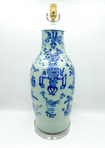 Vintage Celadon Vase Lamp with Blue & White Design, ~32