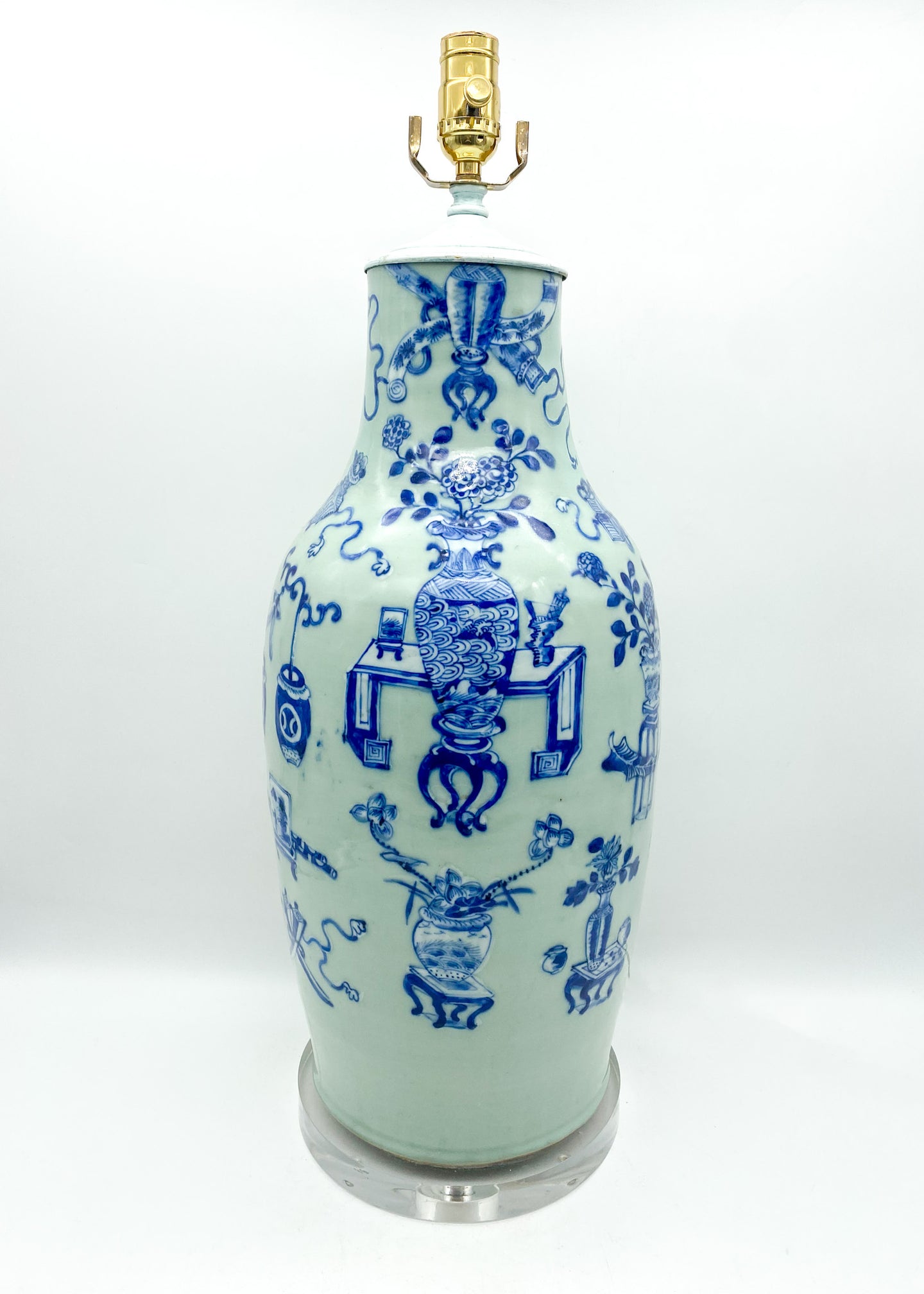 Vintage Celadon Vase Lamp with Blue & White Design, ~32