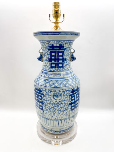 large blue and white chinese ceramic bell jar top urn with fou lion handles greek key and other hand painted design elements and patterns