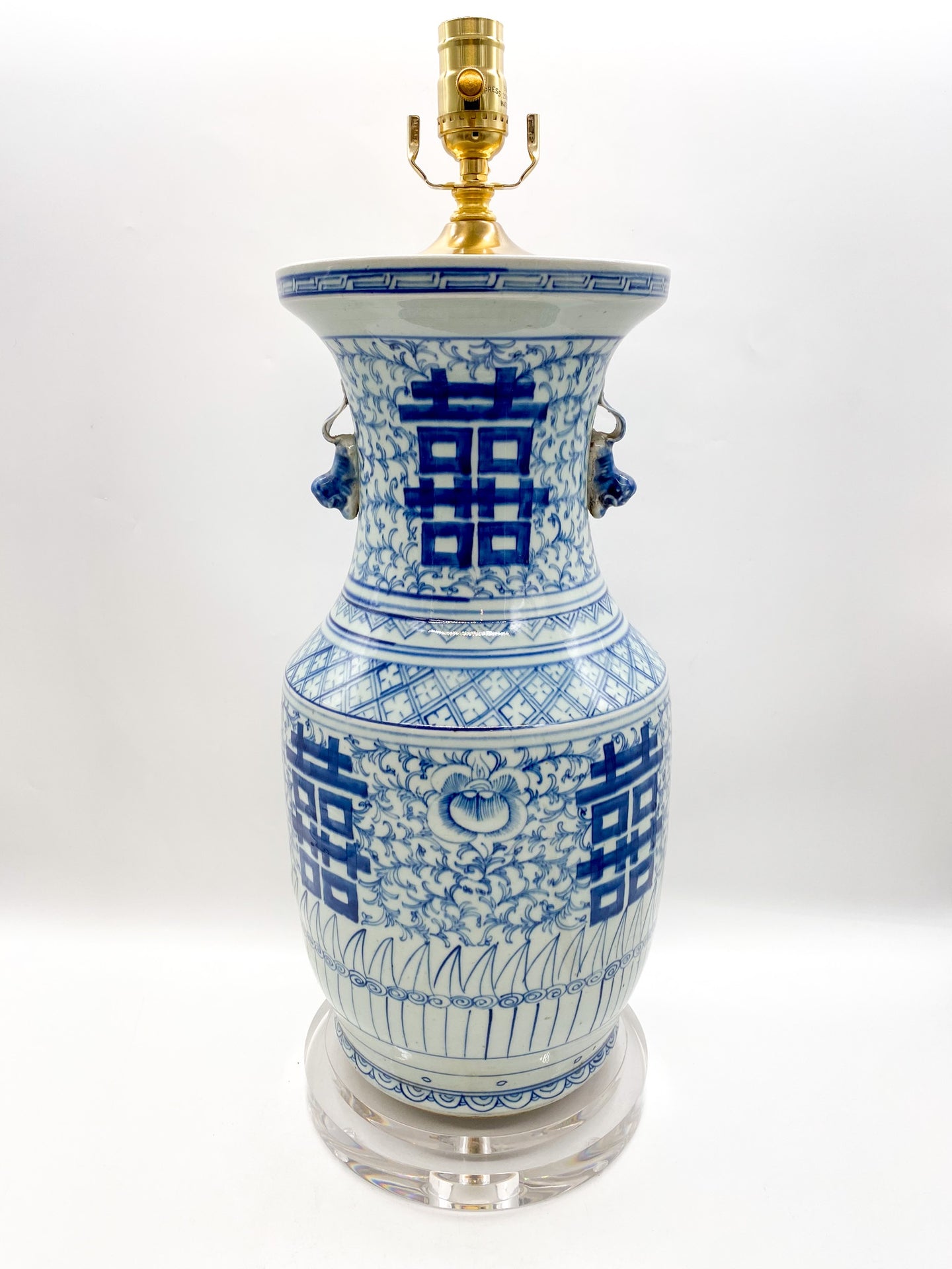 large blue and white chinese ceramic bell jar top urn with fou lion handles greek key and other hand painted design elements and patterns