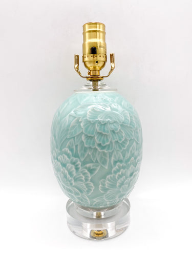 jade green celadon exceptional floral chrysanthemum like pattern with relief detail on double stacked acrylic base