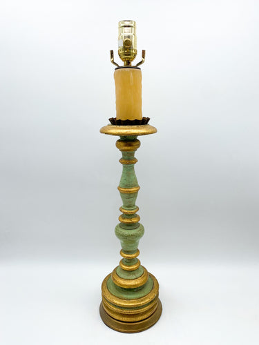 Vintage-Goldleaf/-Green-Wood-Candlestick-(Spain)-Table-Lamp-20.5in.-(to-harp-saddle)