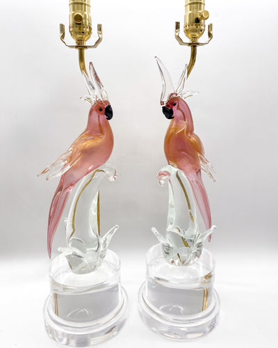 Vintage Italian Murano Glass Pair of Pappagalli (Parrots) Lamps