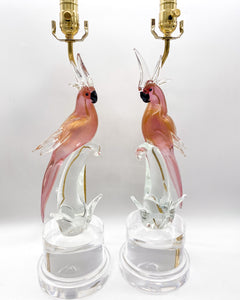 Vintage Italian Murano Glass Pair of Pappagalli (Parrots) Lamps