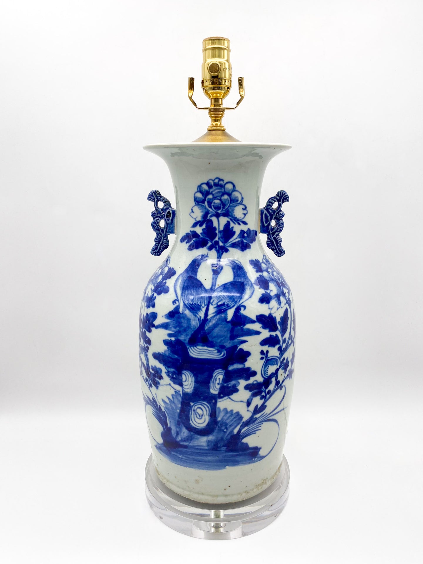 Vintage Chinese Blue & White Vase Lamp Birds & Peonies