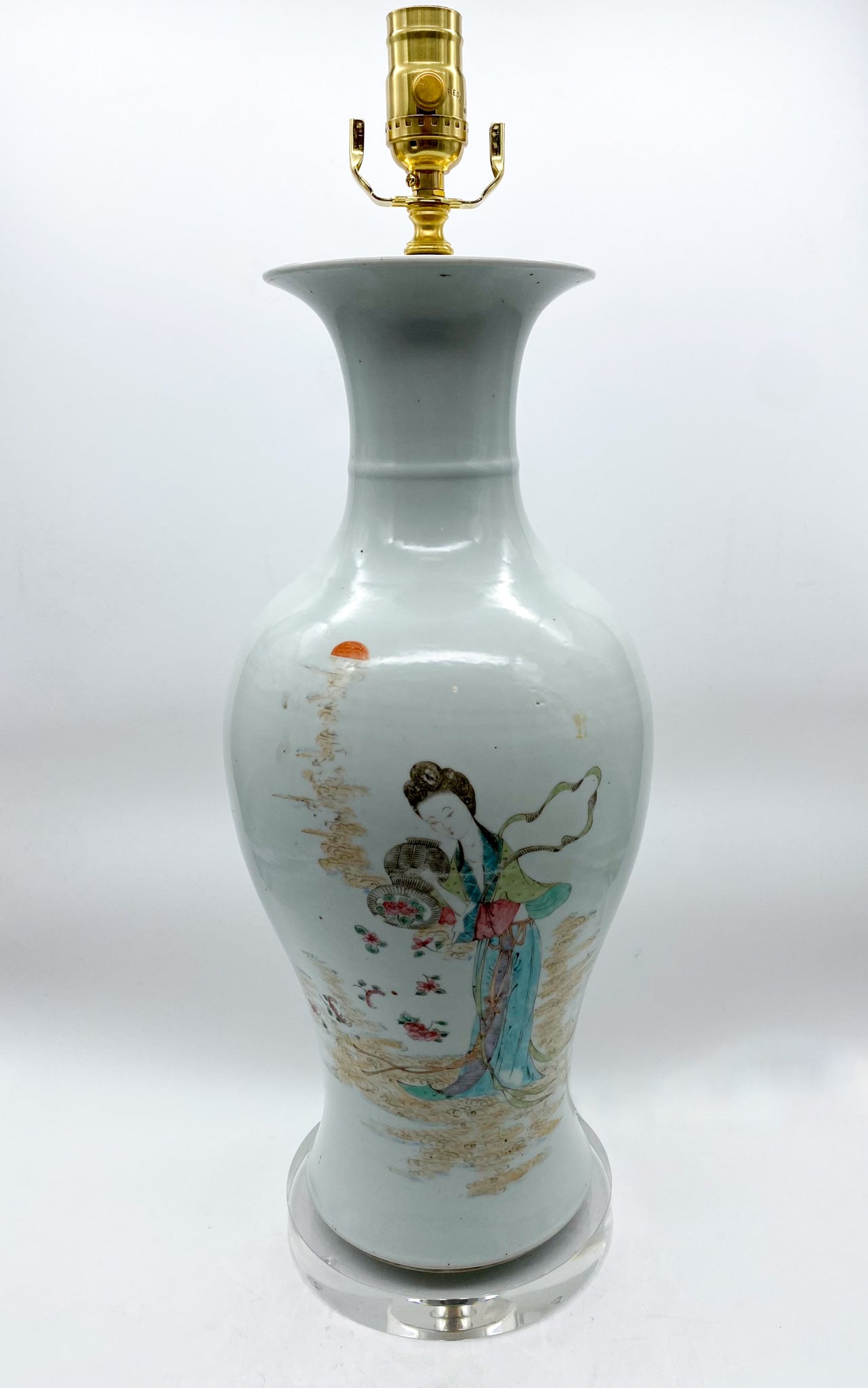 Vintage Chinese Vase Lamp with Lady and Peonies, ~30