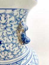 Load image into Gallery viewer, large blue and white chinese ceramic bell jar top urn with fou lion handles greek key and other hand painted design elements and patterns
