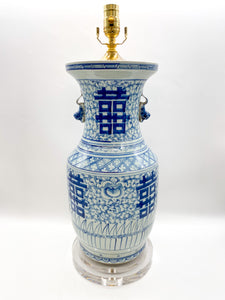 large blue and white chinese ceramic bell jar top urn with fou lion handles greek key and other hand painted design elements and patterns