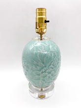 Load image into Gallery viewer, jade green celadon exceptional floral chrysanthemum like pattern with relief detail on double stacked acrylic base