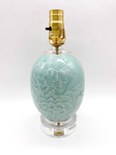 Load image into Gallery viewer, jade green celadon exceptional floral chrysanthemum like pattern with relief detail on double stacked acrylic base