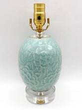 Load image into Gallery viewer, jade green celadon exceptional floral chrysanthemum like pattern with relief detail on double stacked acrylic base