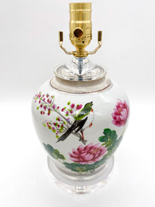 Vintage Celadon Ginger Jar with Bird on Branch, Cherry Blossoms & Peonies