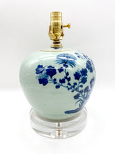 Load image into Gallery viewer, lamps, lamps store, lighting store, Dallas lampshade store, Dallas lamps, interior design Dallas, lampshade store, lampshades Dallas, 
antique chinese celadon vase, blue and white, blue and celadon, acrylic base, stacked acrylic bases