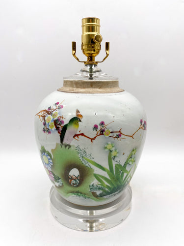 lamps, lamps store, lighting store, Dallas lampshade store, Dallas lamps, interior design Dallas, lampshade store, lampshades Dallas, lampshade, lampshades, bird on branch, bird and branch, chinese, celadon, vintage, antique, colorful, spring green, green, spring like, flowers, florals, nature, blooms, blossoms, acrylic, acrylic base, acrylic cap, acrylic lid