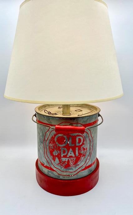 galvanized, grey, fishing, minnow bucket, red, red logo, old pal, old pal print, wooden handle, red base, red wooden handle, antique, vintage, country, old times, old days, fond memories, reminiscent, lampshade, lampshade store, dallas lampshades, lampshades dallas, home lighting dallas, interior design dallas