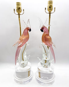 Vintage Italian Murano Glass Pair of Pappagalli (Parrots) Lamps