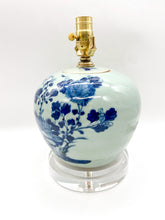 Load image into Gallery viewer, lamps, lamps store, lighting store, Dallas lampshade store, Dallas lamps, interior design Dallas, lampshade store, lampshades Dallas, 
antique chinese celadon vase, blue and white, blue and celadon, acrylic base, stacked acrylic bases
