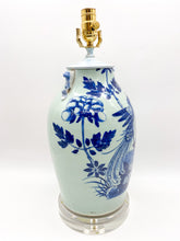 Load image into Gallery viewer, Celadon Blue Floral Pheasant Vase Lamp with Handles