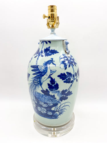 Celadon Blue Floral Pheasant Vase Lamp with Handles