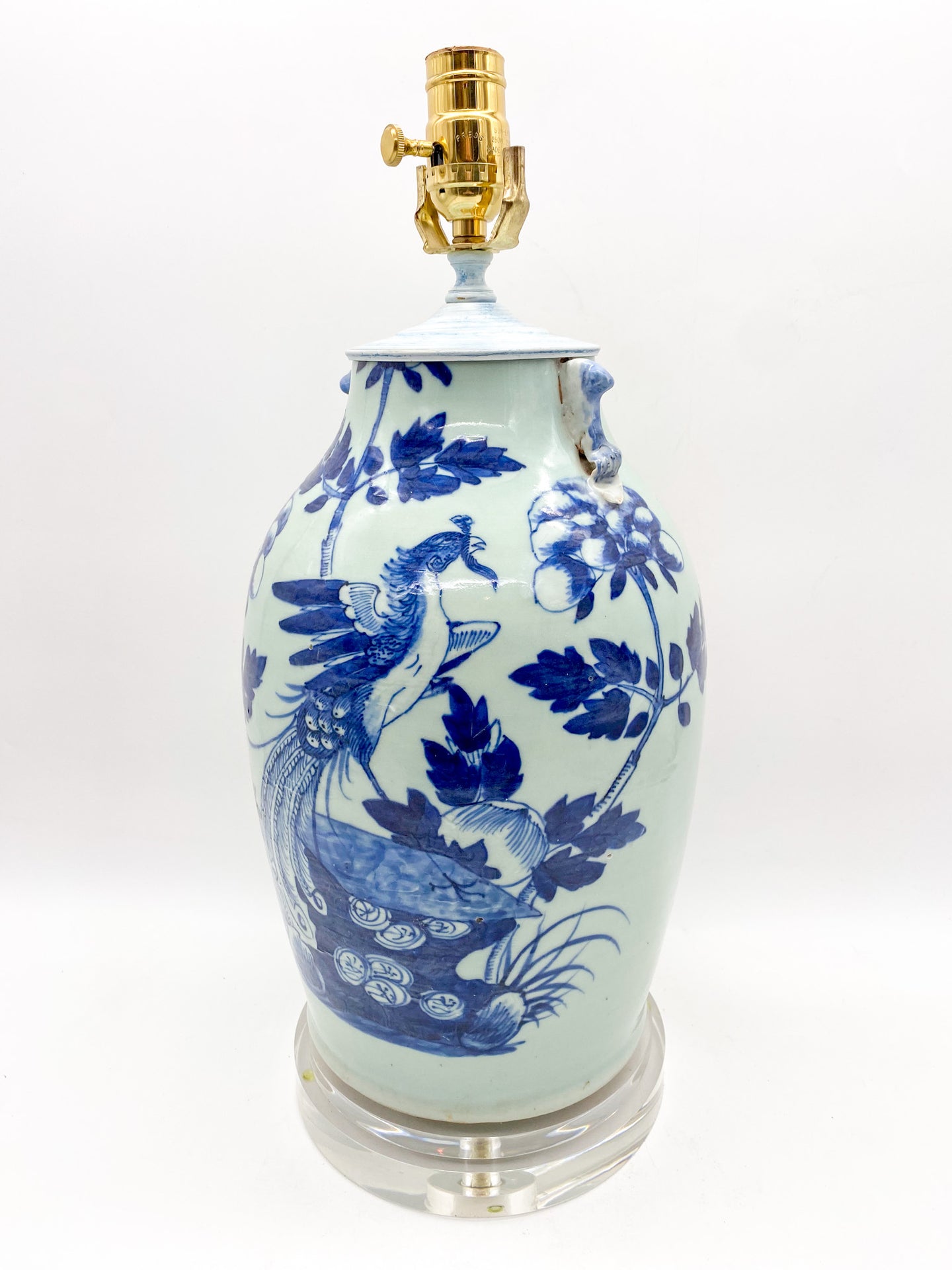 Celadon Blue Floral Pheasant Vase Lamp with Handles