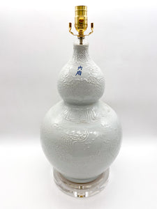 White Double Gourd Lamp with Dragon Relief, ~30"